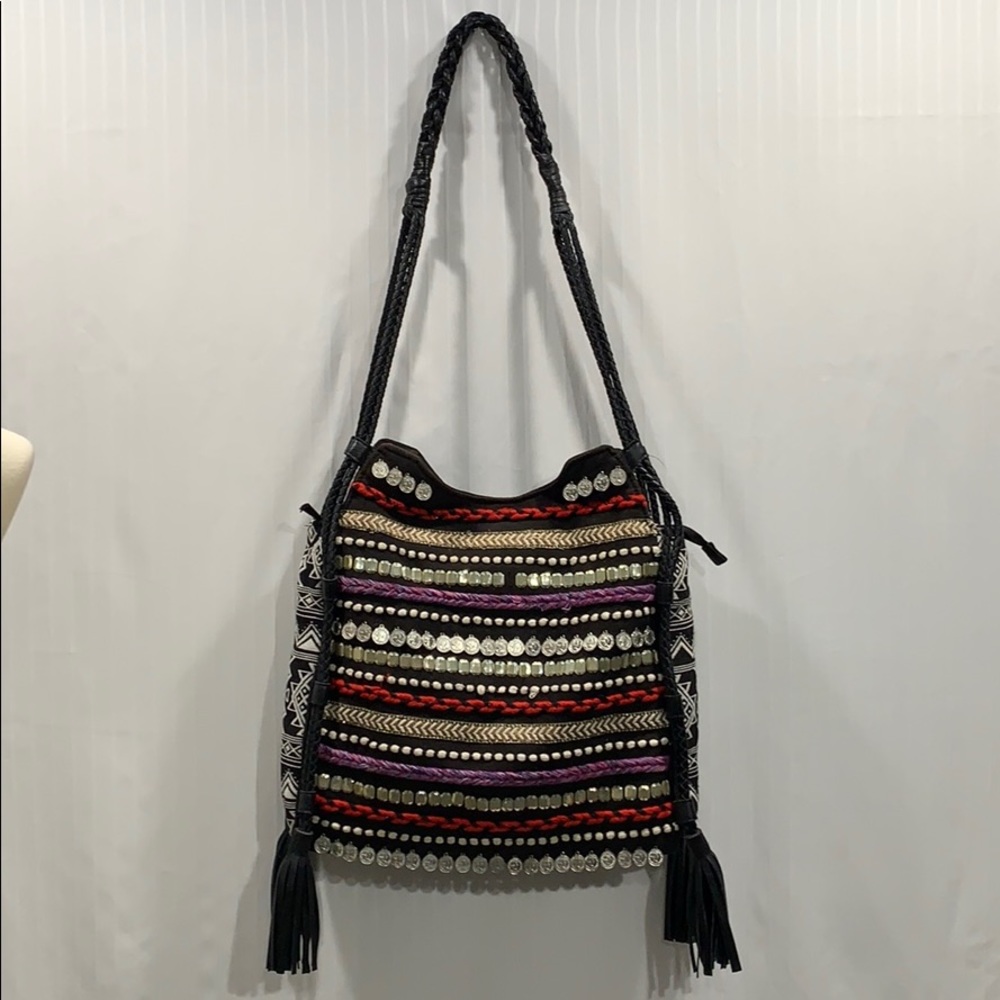 BIG BUDDHA Hobo Shoulder Bag Embellished Fringed